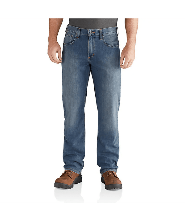 man wearing straight leg light blue jeans