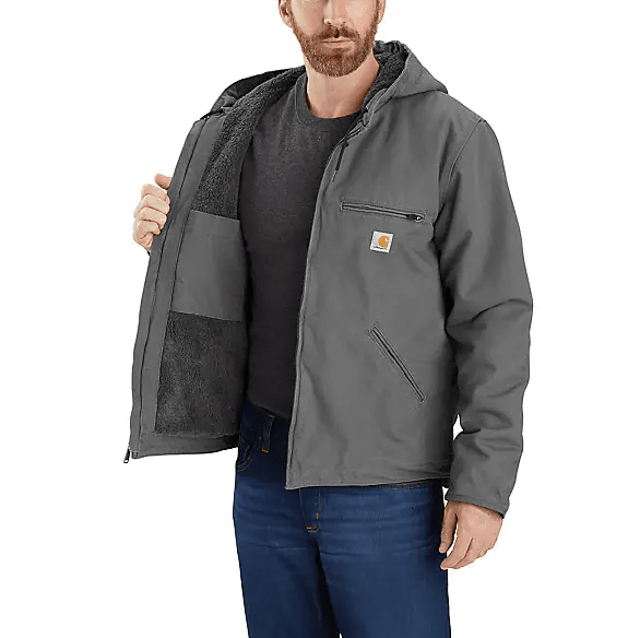 man showing the fleece lined interior of grey jacket with hood