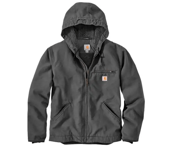 dark grey insulated jacket with hood on white background