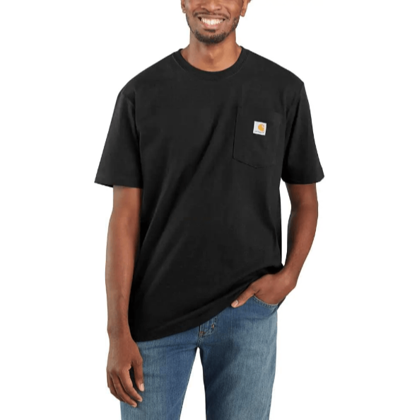 man wearing black t-shirt with chest pocket