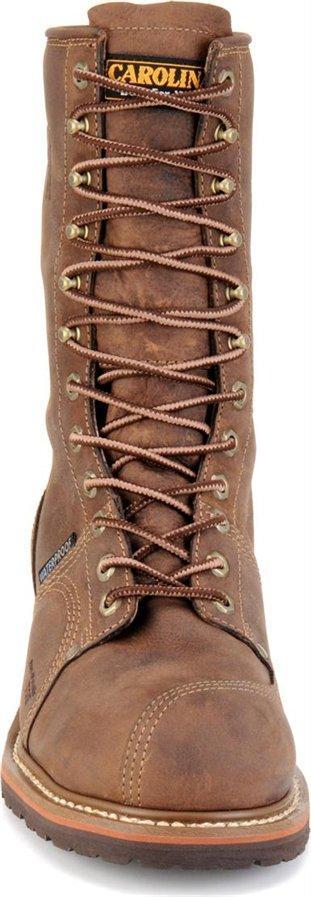 front view of high top brown leather work boot with tall heel