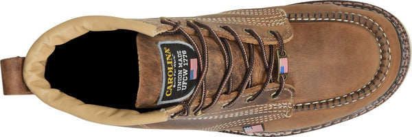 top view of mid-rise brown work boot with light brown sole