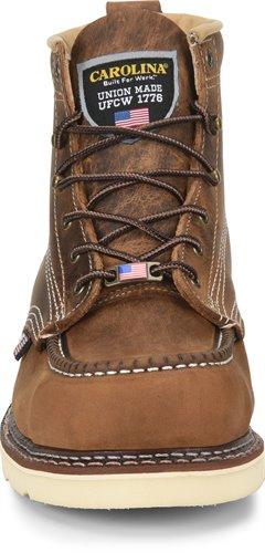 front view of mid-rise brown work boot with light brown sole