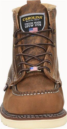 front view of mid-rise tan work boot with light brown sole