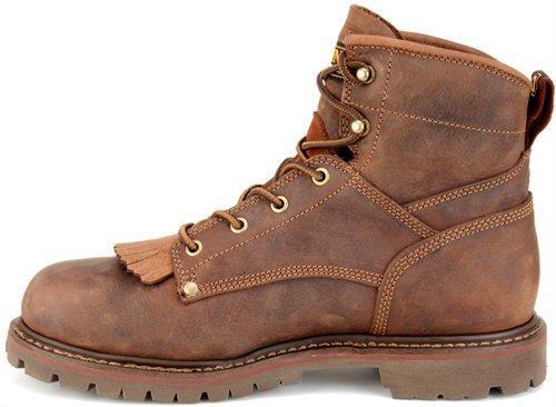side of red-brown mid-rise boot with brown sole