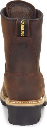 rear view of high top two toned leather work boot with tall heel