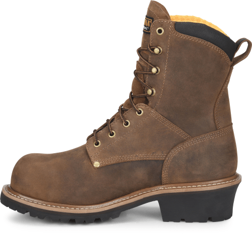 side of dark brown hightop work boot with black sole