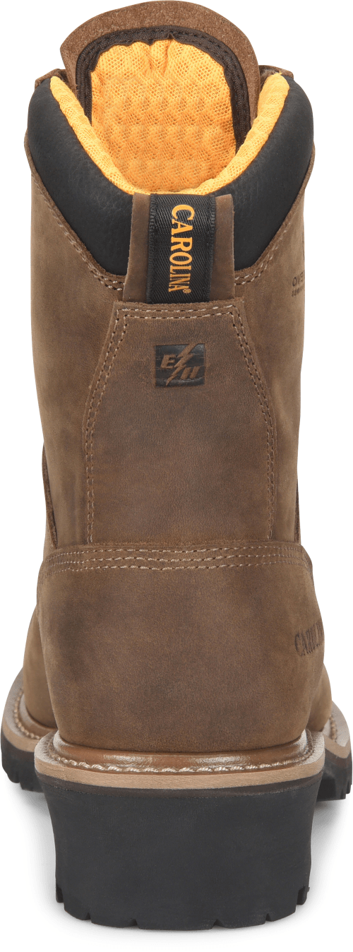 back view of dark brown hightop work boot with black sole