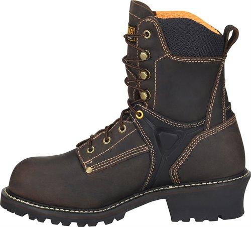 side of very dark brown hightop work boot with black accent at ankle