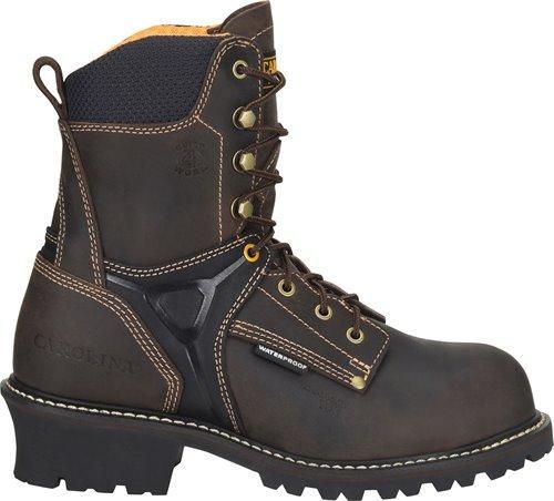 very dark brown hightop work boot with black accent at ankle