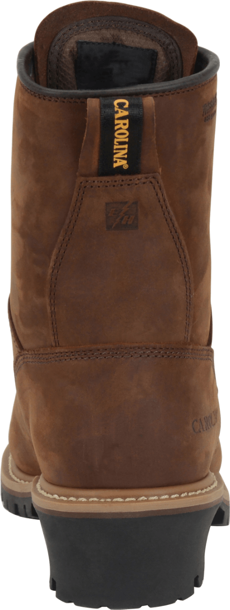 rear view of high top tan work boot with light brown outsole and dark brown sole