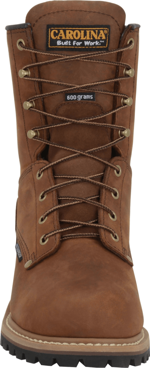 front view of high top brown work boot with dark brown sole and gold eyelets