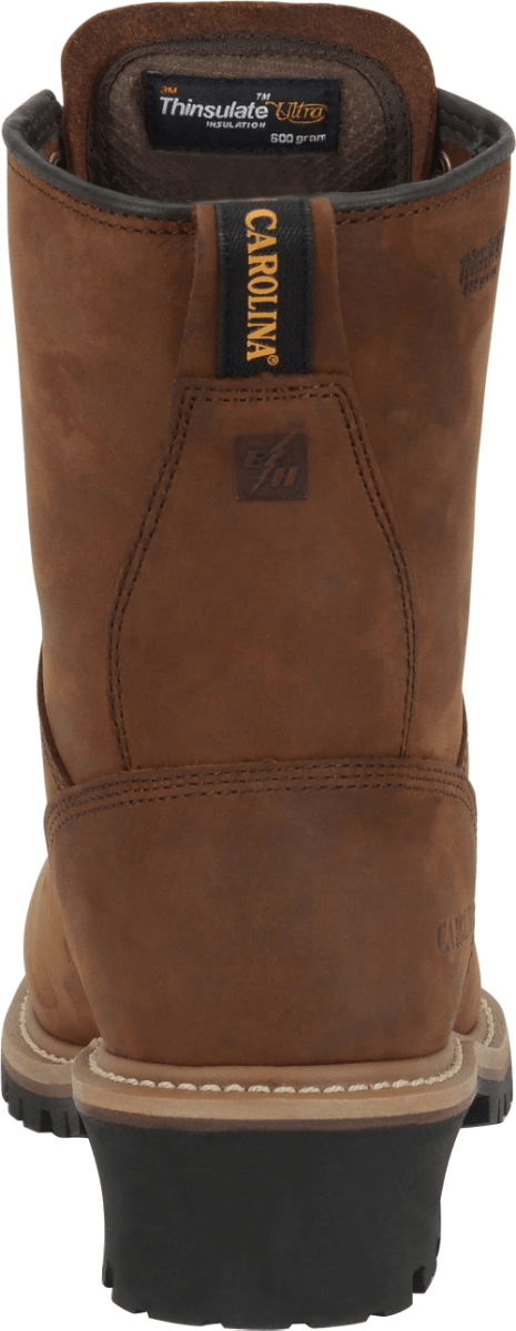 rear view of high top brown work boot with dark brown sole and gold eyelets