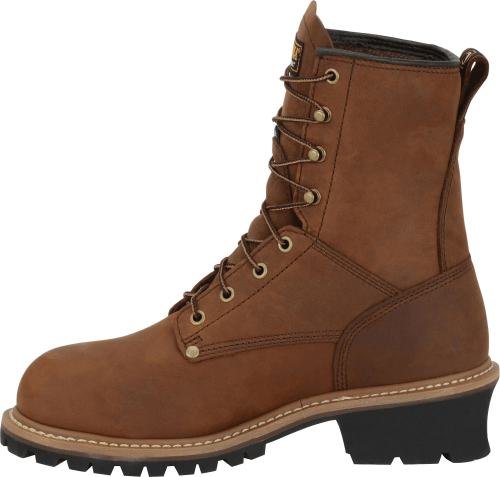 side view of high top brown work boot with dark brown sole and gold eyelets 