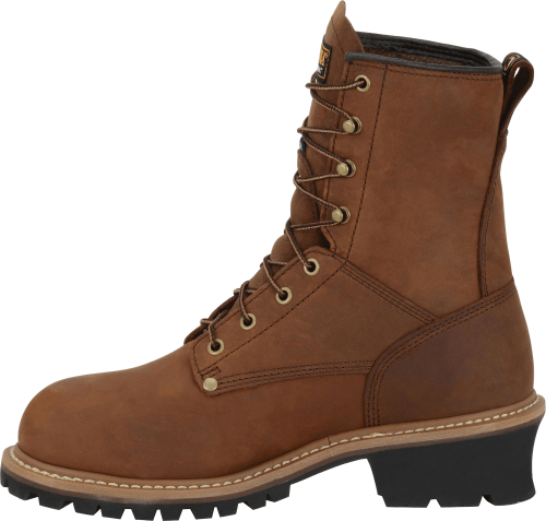 side view of high top brown work boot with dark brown sole and gold eyelets