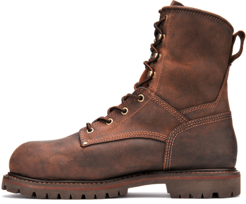 side of red-brown hightop boot with brown sole