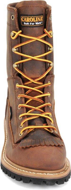front view of high top red-brown work boot with tall heel