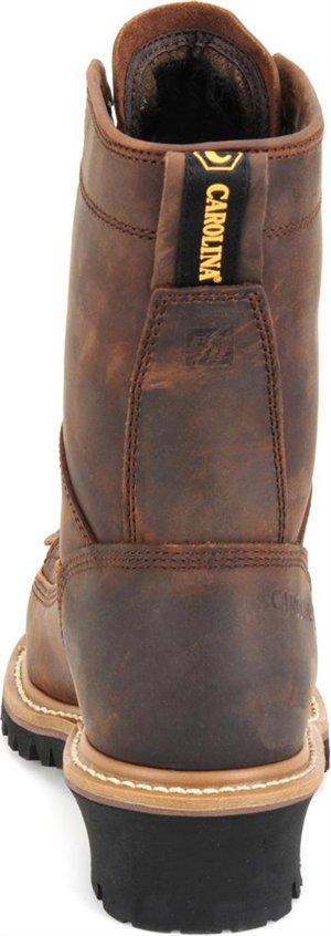 rear view of high top red-brown work boot with tall heel