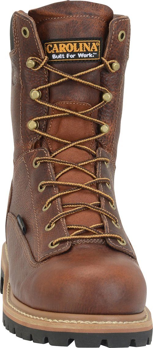 front view of hightop orange-brown work boot with black sole