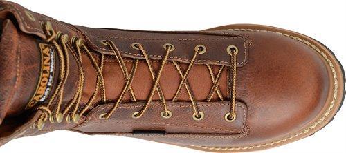 top view of hightop orange-brown work boot with black sole