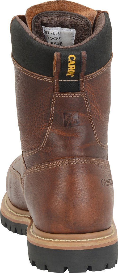 back view of hightop orange-brown work boot with black sole