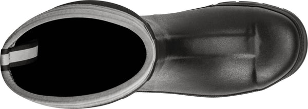 top view of high top black rubber pull on work boot boot