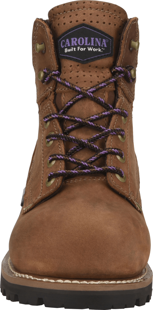 front view of mid top light brown work boot with gold eyelets and dark brown sole and purple laces