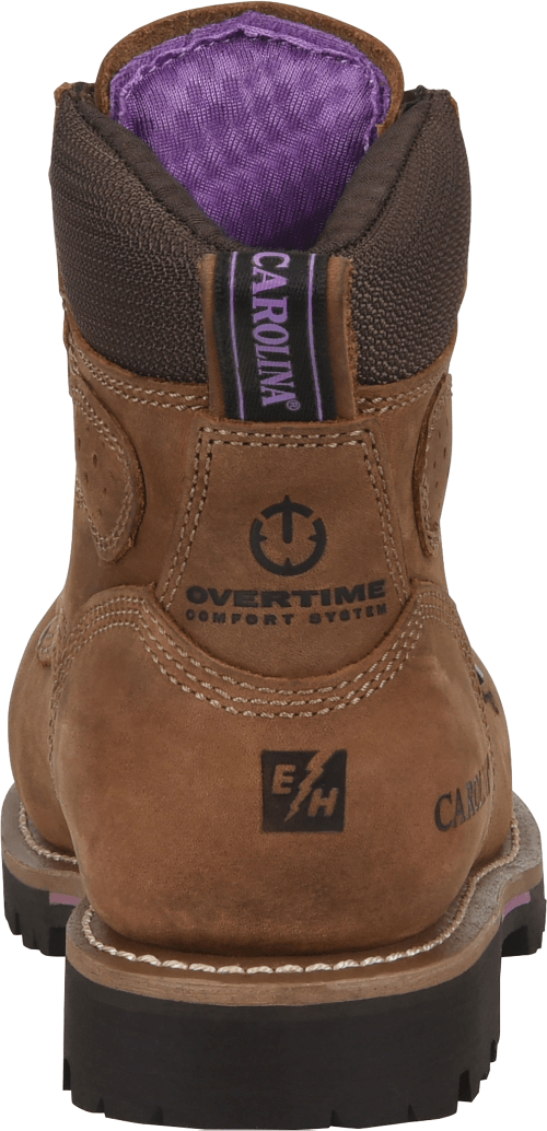 rear view of mid top light brown work boot with gold eyelets and dark brown sole and purple interior 