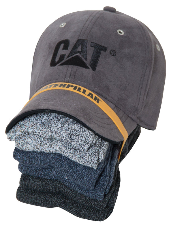 grey hat with grey, blue, and black socks inside tied with Caterpillar brand band