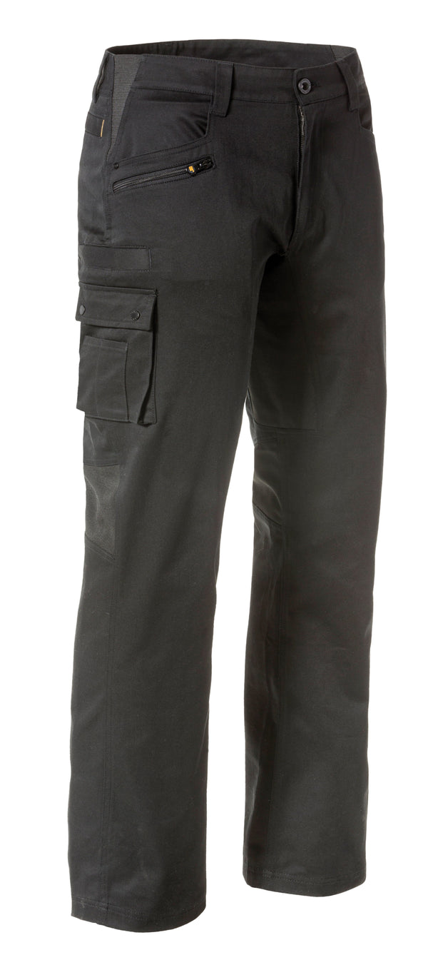 angled view of dark grey pants with cargo pockets