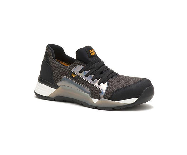 angled view of black and grey tennis shoe style work shoe with silver accent at the laces and white outsole