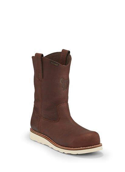 high top dark brown pull on work boot with light brown sole and logo embossed on front of shaft