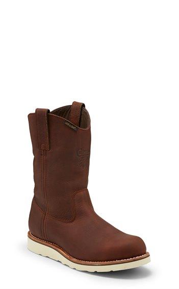 high top pull on dark brown/red work boot with light brown sole