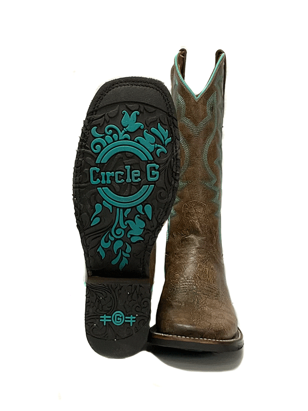 pair of wide square toe dark brown women's cowgirl boot with Circle G logo on sole and stitching in turquoise