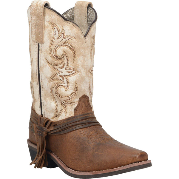 cowgirl boot with brown/white shaft with embroidery and brown vamp with leather tassels 