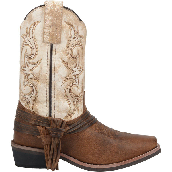 side view of cowgirl boot with brown/white shaft with embroidery and brown vamp with leather tassels 