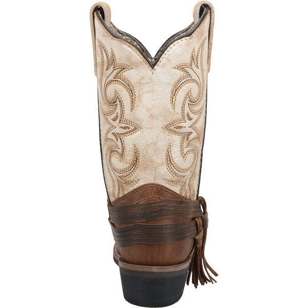 rear view of cowgirl boot with brown/white shaft with embroidery and brown vamp with leather tassels 