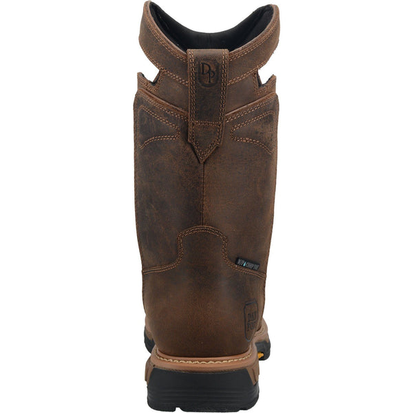 rear view of brown high top pull on work boot with pull holes and black sole
