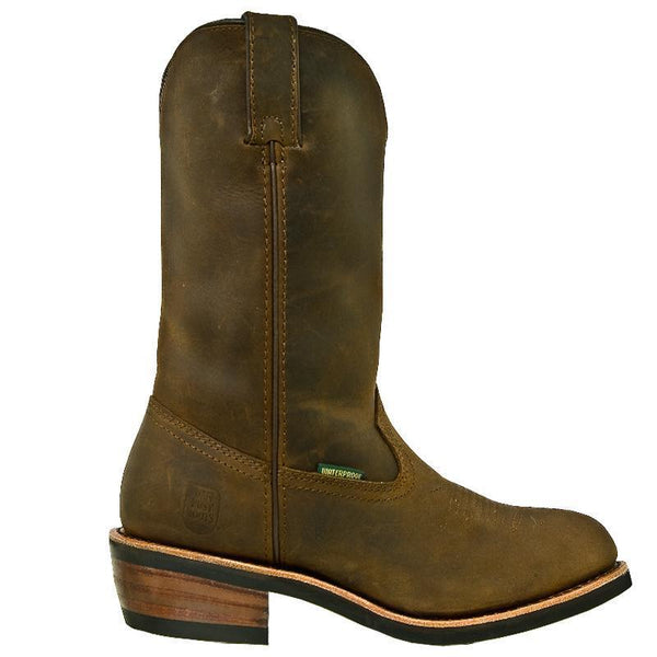 alternative side view of green/brown pull up cowboy style work boot