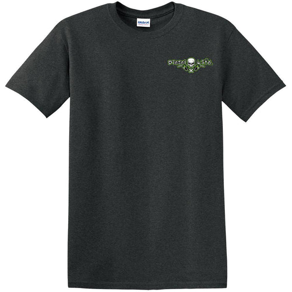 front of black shirt with Diesel Life and skull with gas pump handles in chest pocket area