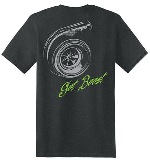 black shirt with illustration of diesel turbo and the words Get Boost written in green