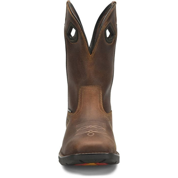 front view of men's tall dark brown pull-on western work boot with light brown stitching and square toe