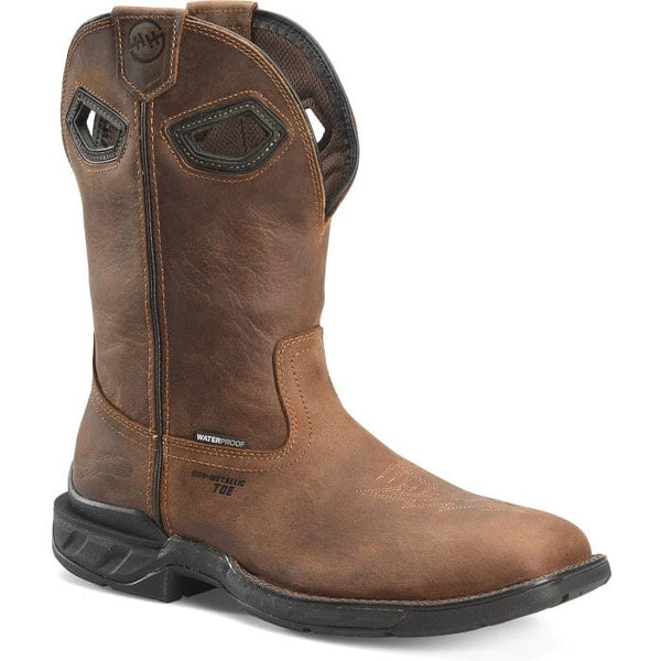 men's tall dark brown pull-on western work boot with light brown stitching and square toe