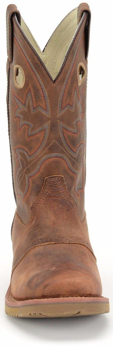 front view of brown and tan cowboy boot with white and orange embroidery and square toe