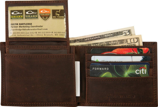 open leather wallet with cards in pockets and money in top