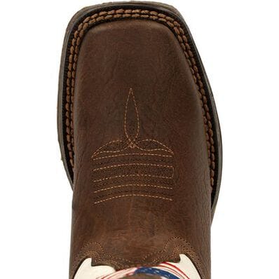 top down close up detail of kids square toe brown distressed western cowboy boot with brown stitching