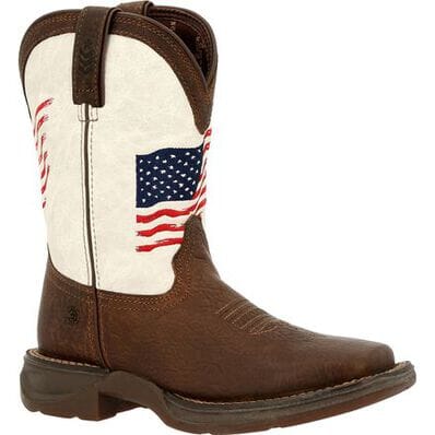 pull on square toe kids western cowboy boot with dark brown vamp, pull straps, and hem and white shaft with American flag on front and back