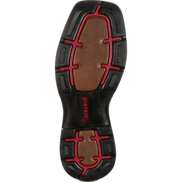 black sole with brown heel and footbed and red accents