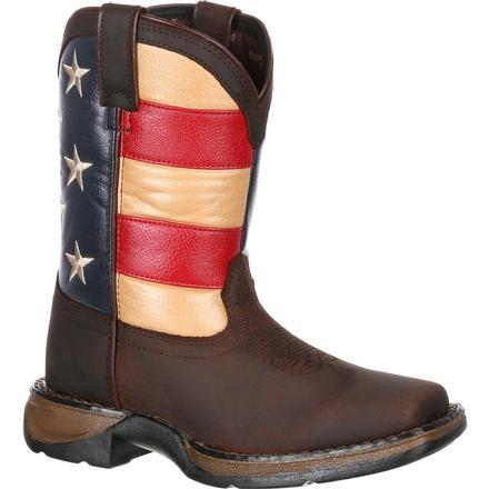 kids boot with american flag design on shaft and brown vamp
