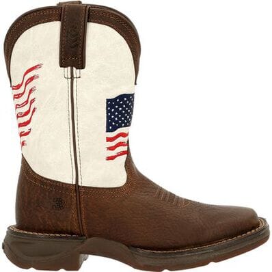 right side view of pull on square toe toddler western cowboy boot with dark brown vamp, pull straps, and hem and white shaft with American flag on front and back